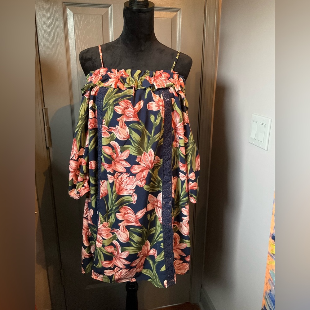 Blu Pepper Navy Floral Off-Shoulder Dress with Pink Flowers